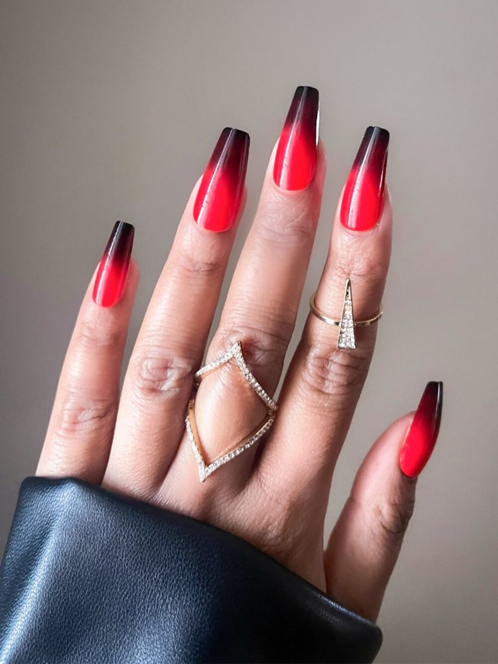 Red Ombre Press On Nails | Long Coffin | Black to Cherry Red